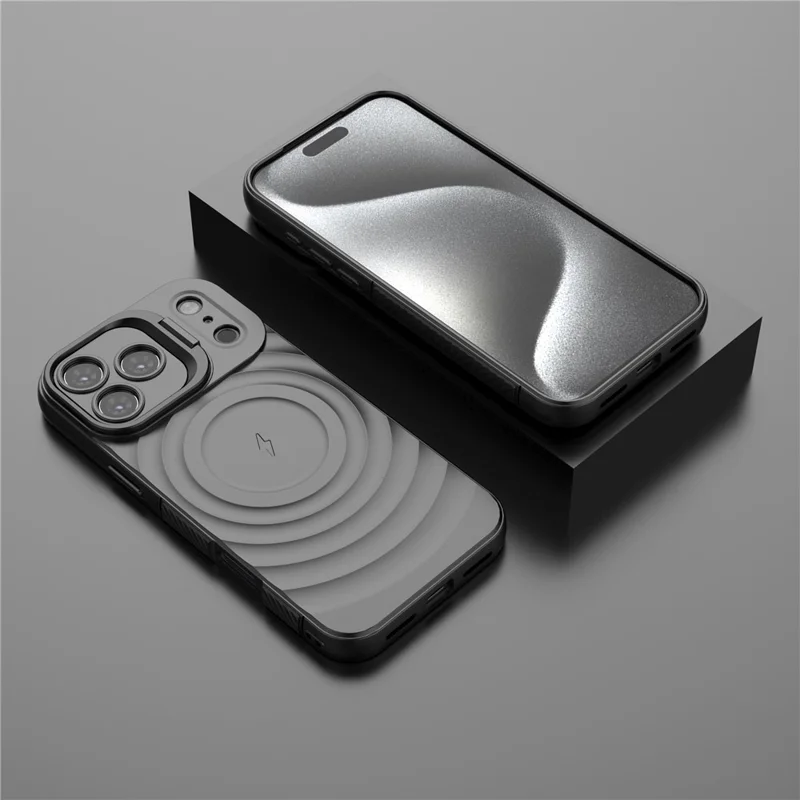 For iPhone 17 Pro Max Case Compatible with MagSafe PC Kickstand Ripple Texture TPU Phone Cover - Black