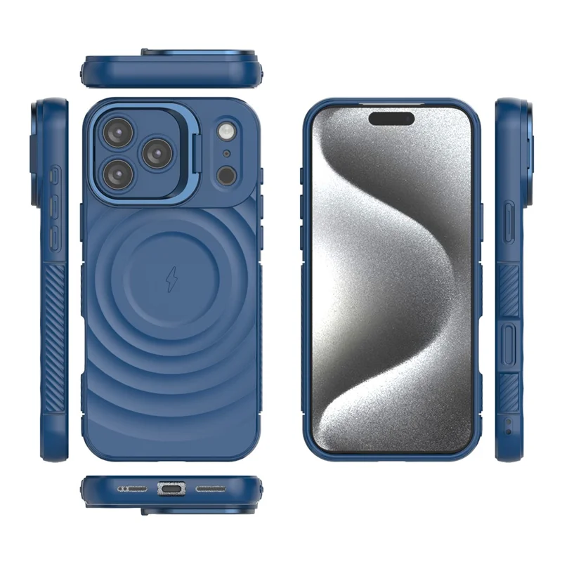 For iPhone 17 Pro Max Case Compatible with MagSafe PC Kickstand Ripple Texture TPU Phone Cover - Blue