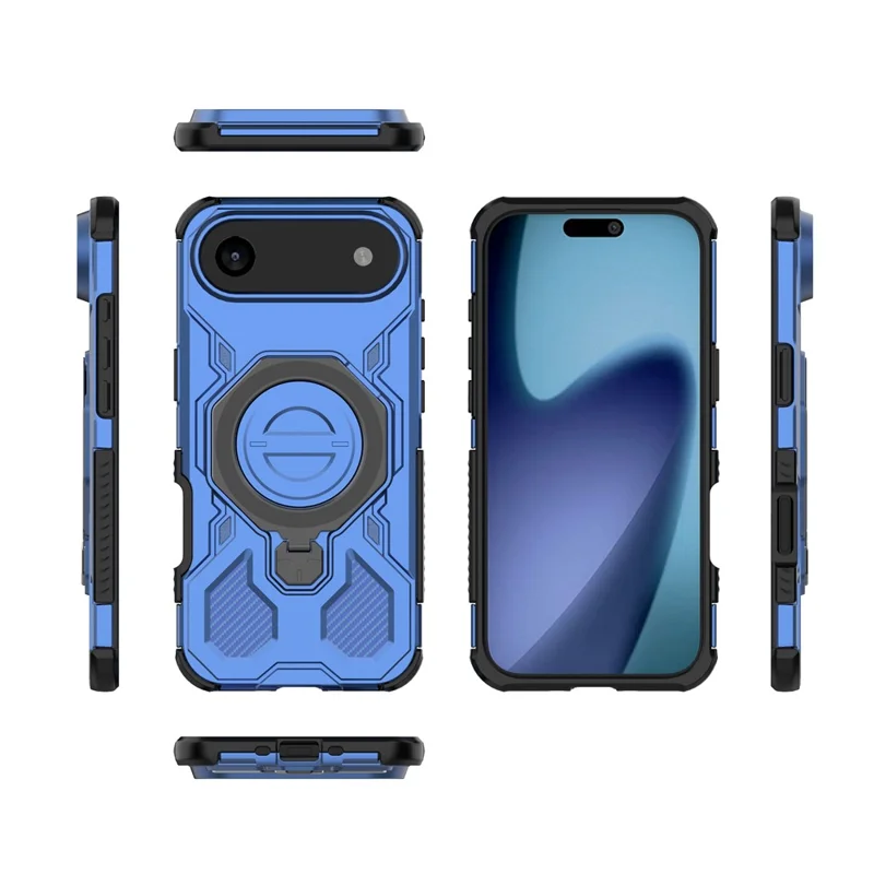 Cover posteriore per iPhone 17 con custodia magnetica, supporto metallico rotante, antiurto in PC + TPU - Blu scuro