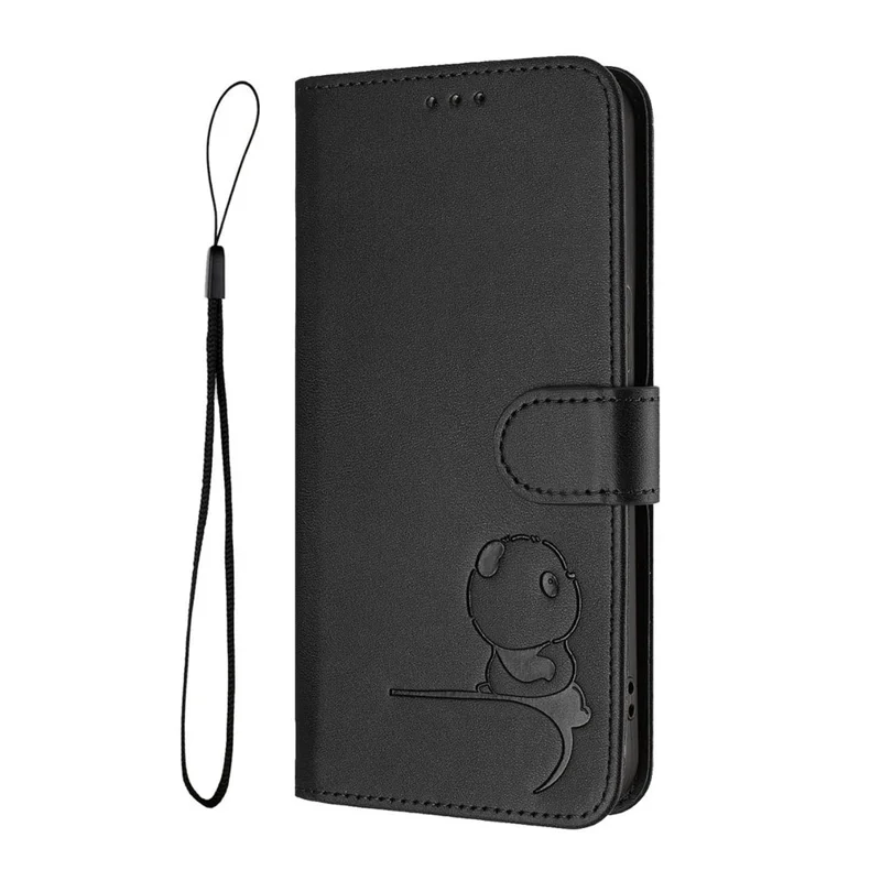 For iPhone 17 Case Panda Imprint RFID Blocking Wallet Leather Phone Cover with Wrist Strap - Black