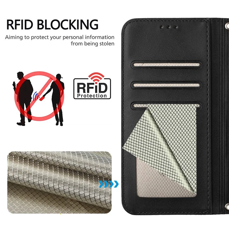 For iPhone 17 Case Panda Imprint RFID Blocking Wallet Leather Phone Cover with Wrist Strap - Black