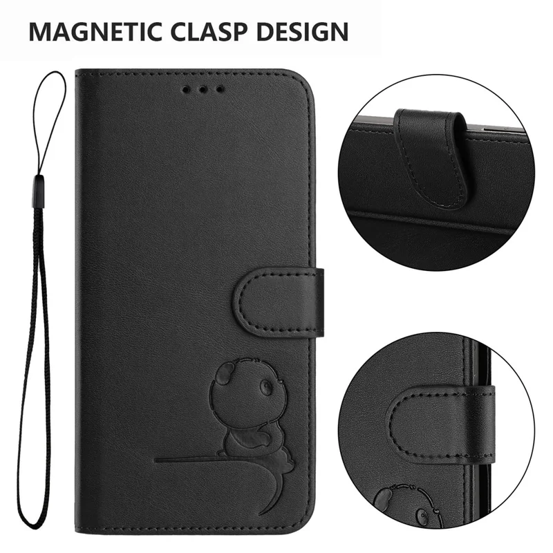 For iPhone 17 Case Panda Imprint RFID Blocking Wallet Leather Phone Cover with Wrist Strap - Black