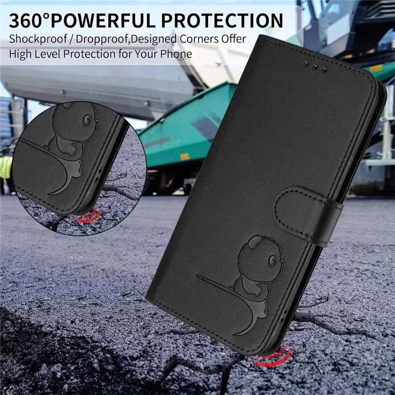 For iPhone 17 Case Panda Imprint RFID Blocking Wallet Leather Phone Cover with Wrist Strap - Black