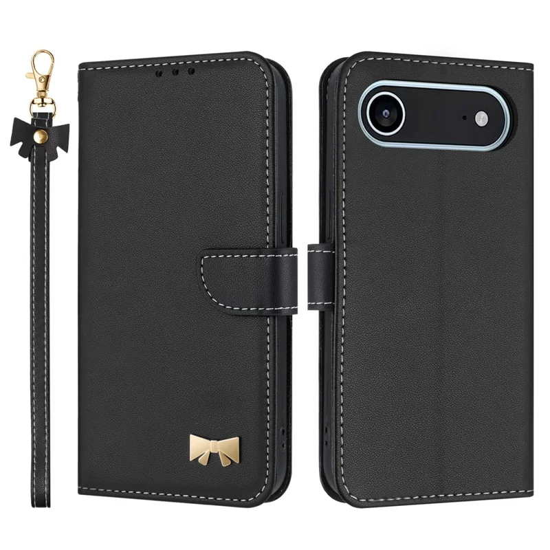 Pour iPhone 17 Air Étui Décoratif Nœud Papillon Portefeuille Housse de Téléphone en Cuir avec Dragonne - Noir