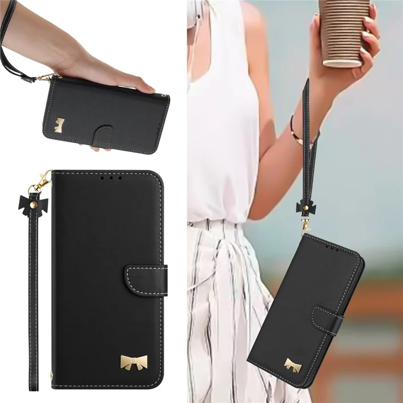 Pour iPhone 17 Air Étui Décoratif Nœud Papillon Portefeuille Housse de Téléphone en Cuir avec Dragonne - Noir