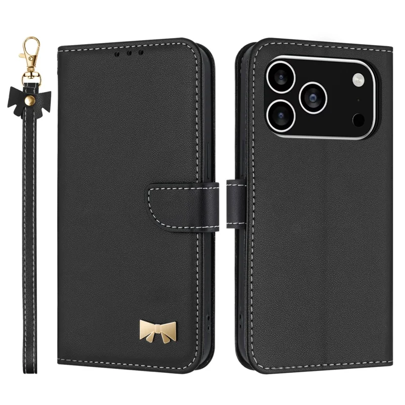 For iPhone 17 Pro Case met strikversiering Portefeuille Leren telefoonhoes met polsbandje - Zwart