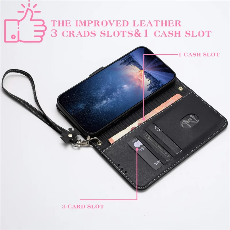 For iPhone 17 Pro Case met strikversiering Portefeuille Leren telefoonhoes met polsbandje - Zwart