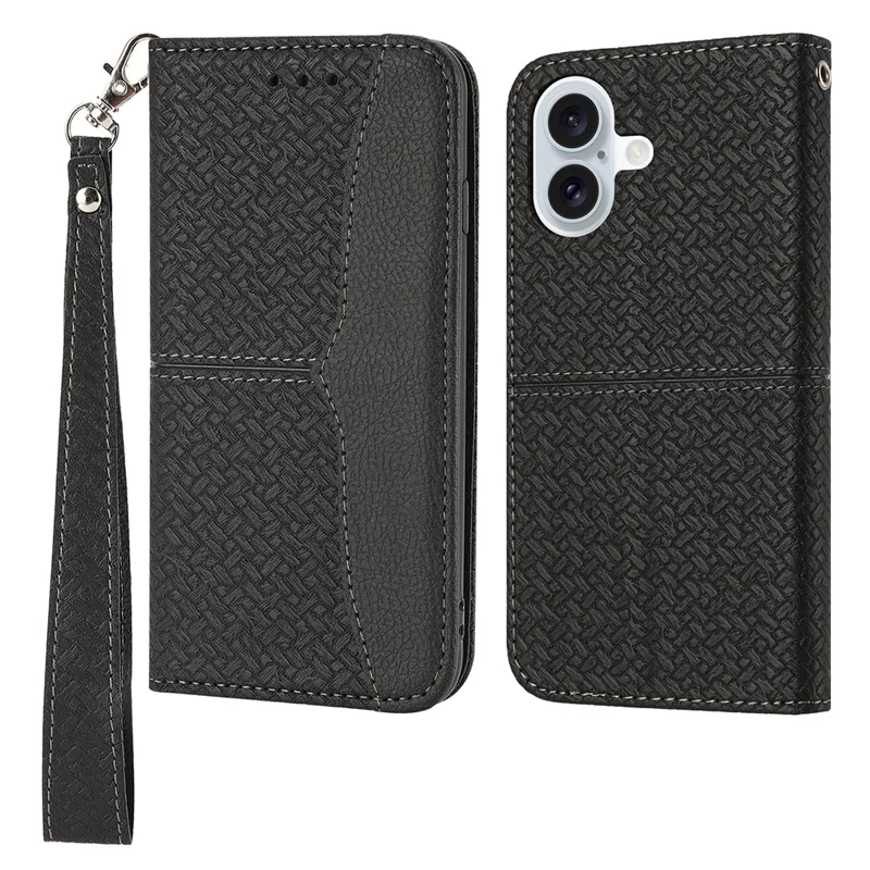 For iPhone 17 Case Woven Texture PU Leather Wallet Phone Cover with Wrist Strap - Black
