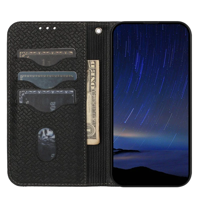 For iPhone 17 Case Woven Texture PU Leather Wallet Phone Cover with Wrist Strap - Black
