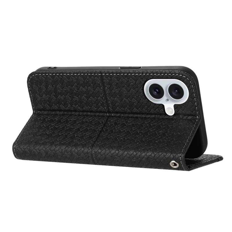 For iPhone 17 Case Woven Texture PU Leather Wallet Phone Cover with Wrist Strap - Black