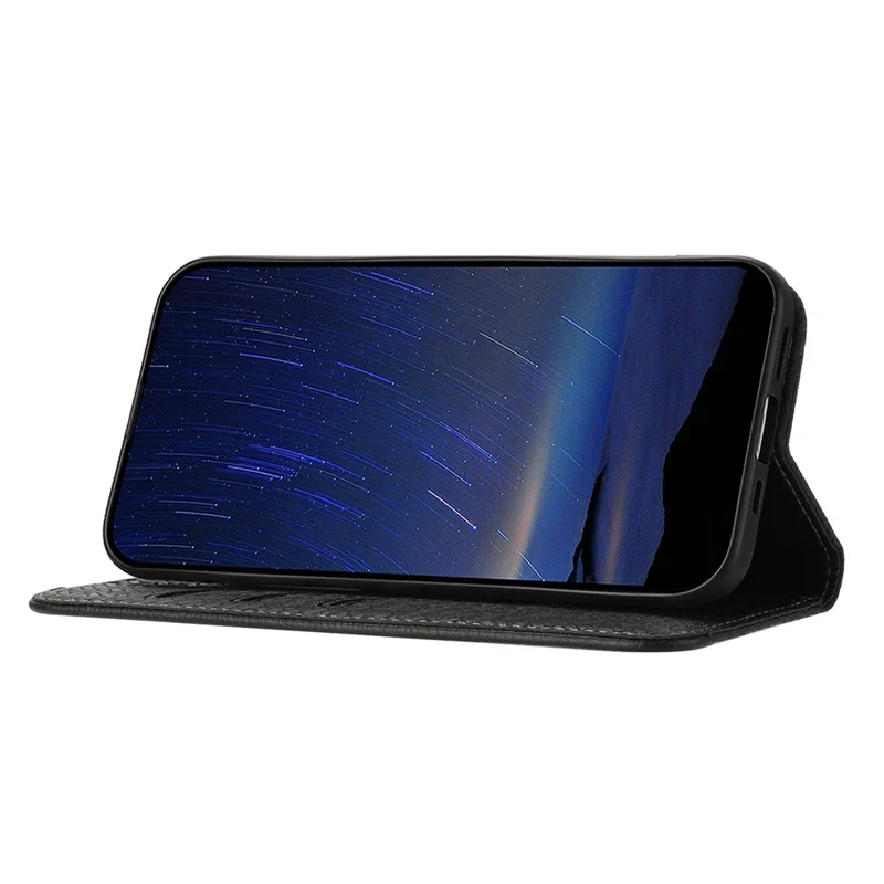 For iPhone 17 Case Woven Texture PU Leather Wallet Phone Cover with Wrist Strap - Black