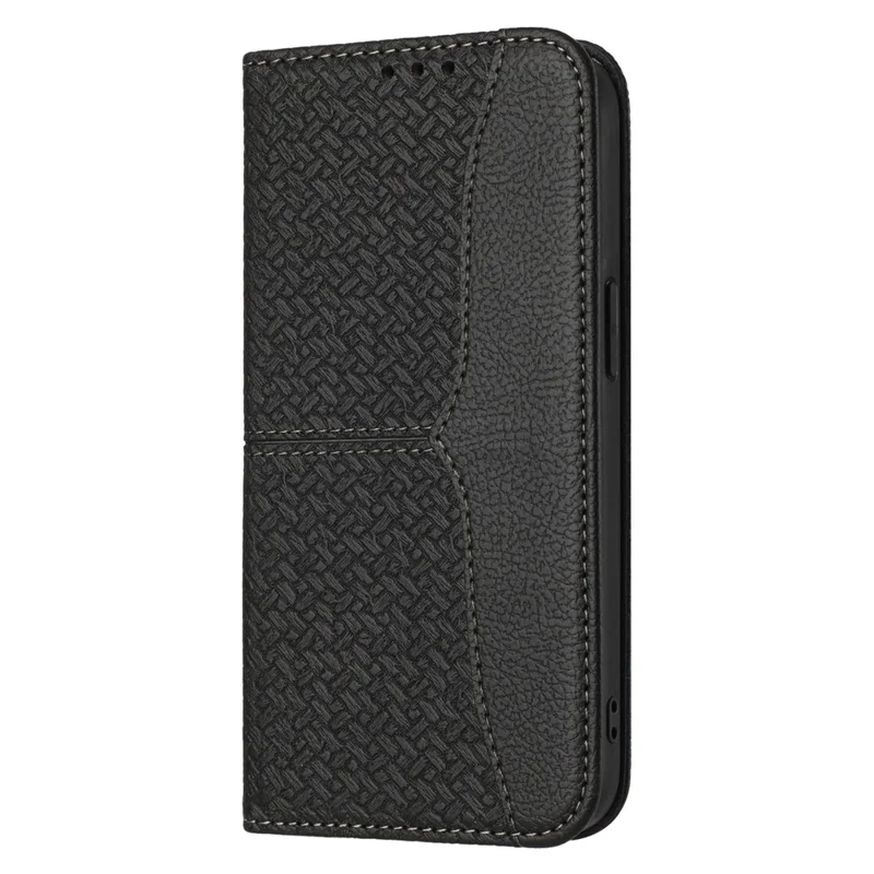 For iPhone 17 Case Woven Texture PU Leather Wallet Phone Cover with Wrist Strap - Black
