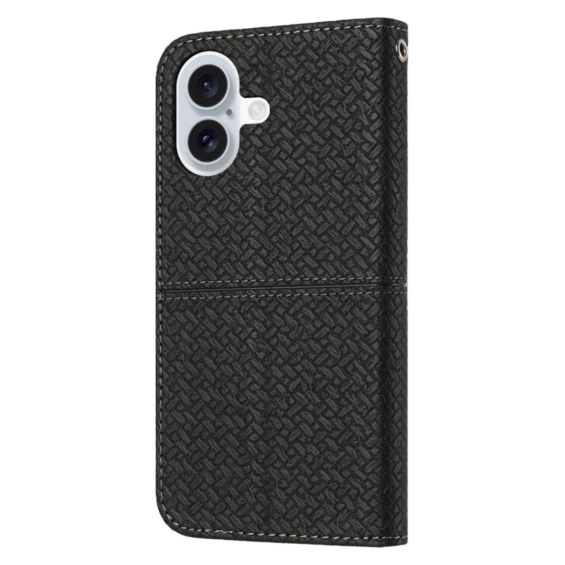 For iPhone 17 Case Woven Texture PU Leather Wallet Phone Cover with Wrist Strap - Black