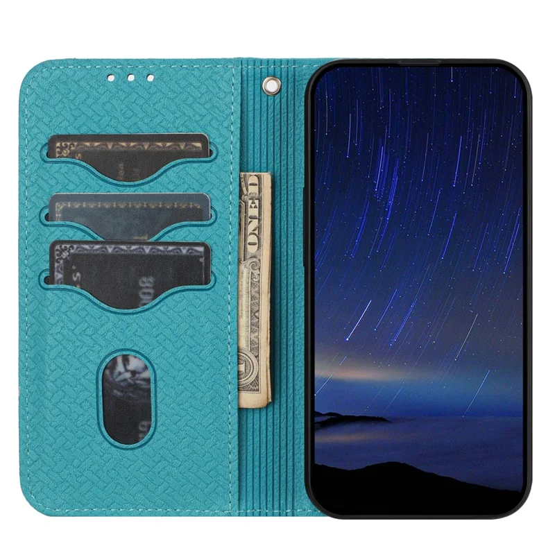 For iPhone 17 Pro Max Case Woven Texture PU Leather Wallet Phone Cover with Wrist Strap - Blue