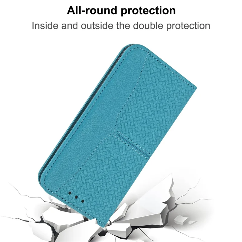 For iPhone 17 Pro Max Case Woven Texture PU Leather Wallet Phone Cover with Wrist Strap - Blue