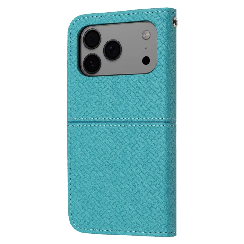 For iPhone 17 Pro Max Case Woven Texture PU Leather Wallet Phone Cover with Wrist Strap - Blue