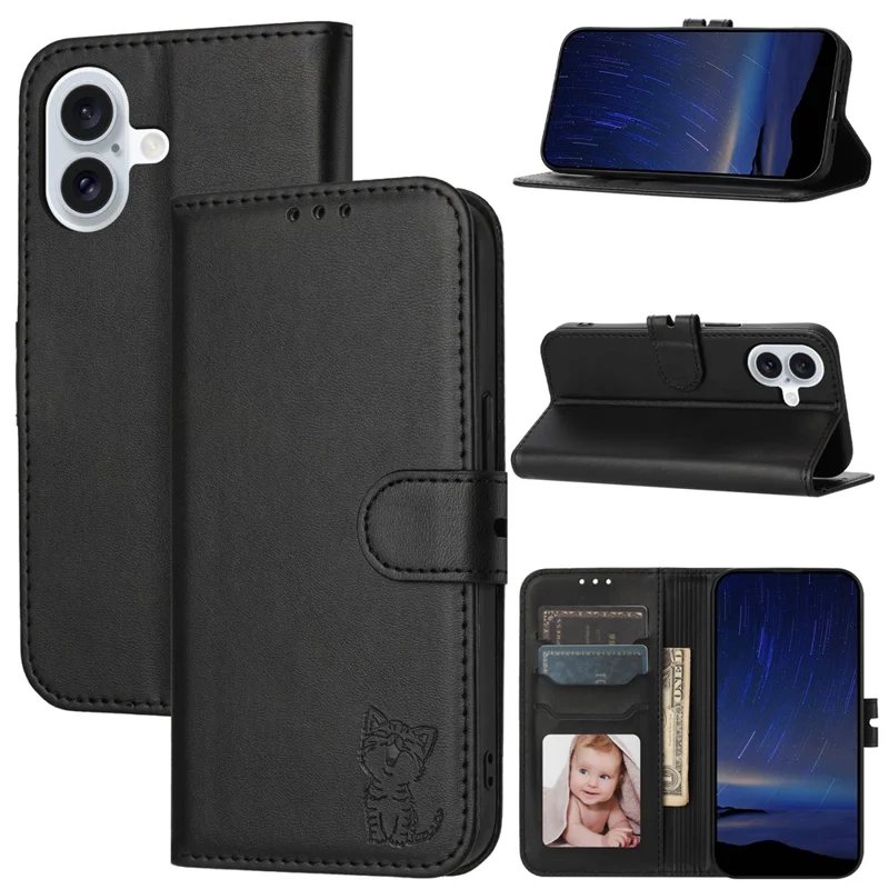 For iPhone 17 Case Happy Cat Pattern Imprinted Leather Wallet Phone Cover - Black
