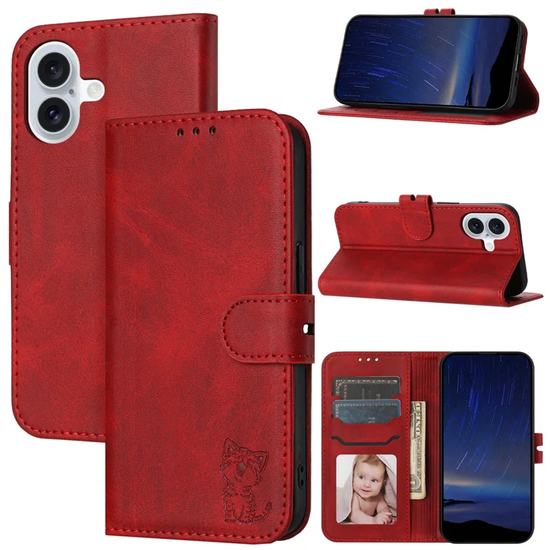For iPhone 17 Case Happy Cat Pattern Imprinted Leather Wallet Phone Cover - Red