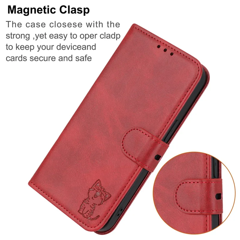 For iPhone 17 Case Happy Cat Pattern Imprinted Leather Wallet Phone Cover - Red