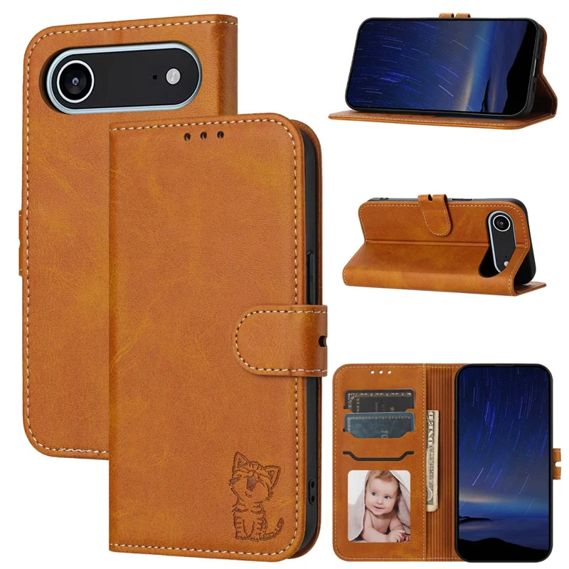 For iPhone Air Case Happy Cat Pattern Imprinted Leather Wallet Phone Cover - Yellow