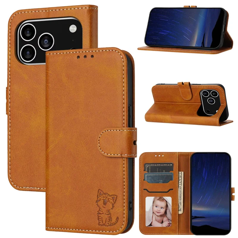 For iPhone 17 Pro Case Happy Cat Pattern Imprinted Leather Wallet Phone Cover - Yellow