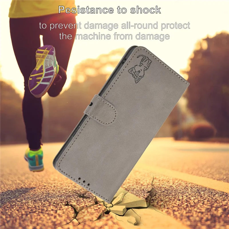 For iPhone 17 Pro Max Case Happy Cat Pattern Imprinted Leather Wallet Phone Cover - Grey