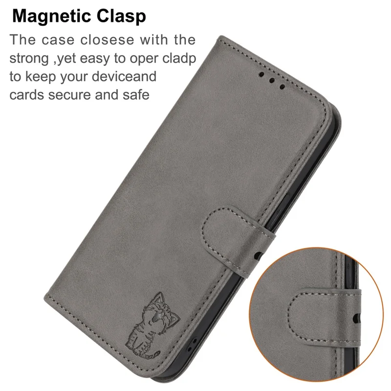 For iPhone 17 Pro Max Case Happy Cat Pattern Imprinted Leather Wallet Phone Cover - Grey