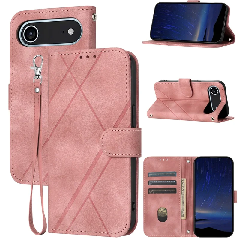For iPhone Air Case Imprinted Line Leather Phone Cover with Handy Strap - Pink