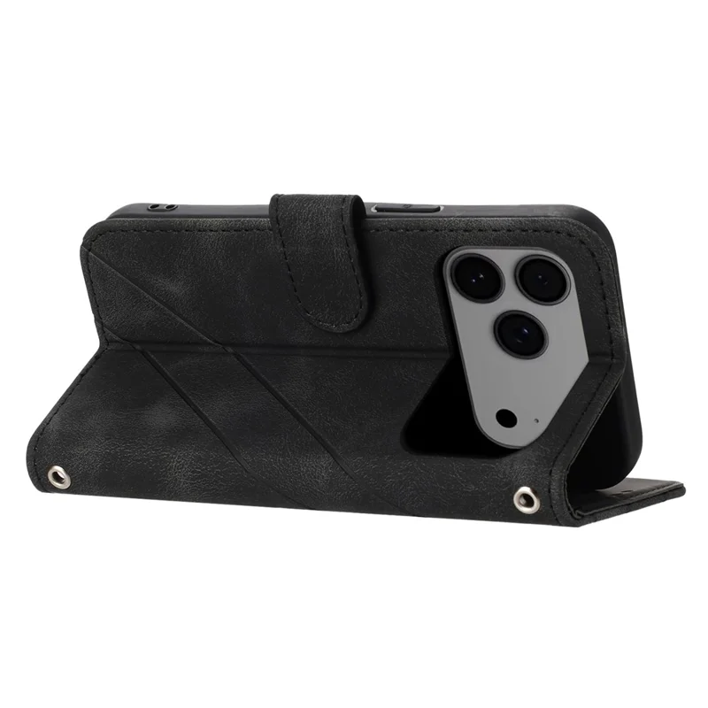 For iPhone 17 Pro Max Case Imprinted Line Leather Phone Cover with Handy Strap - Black