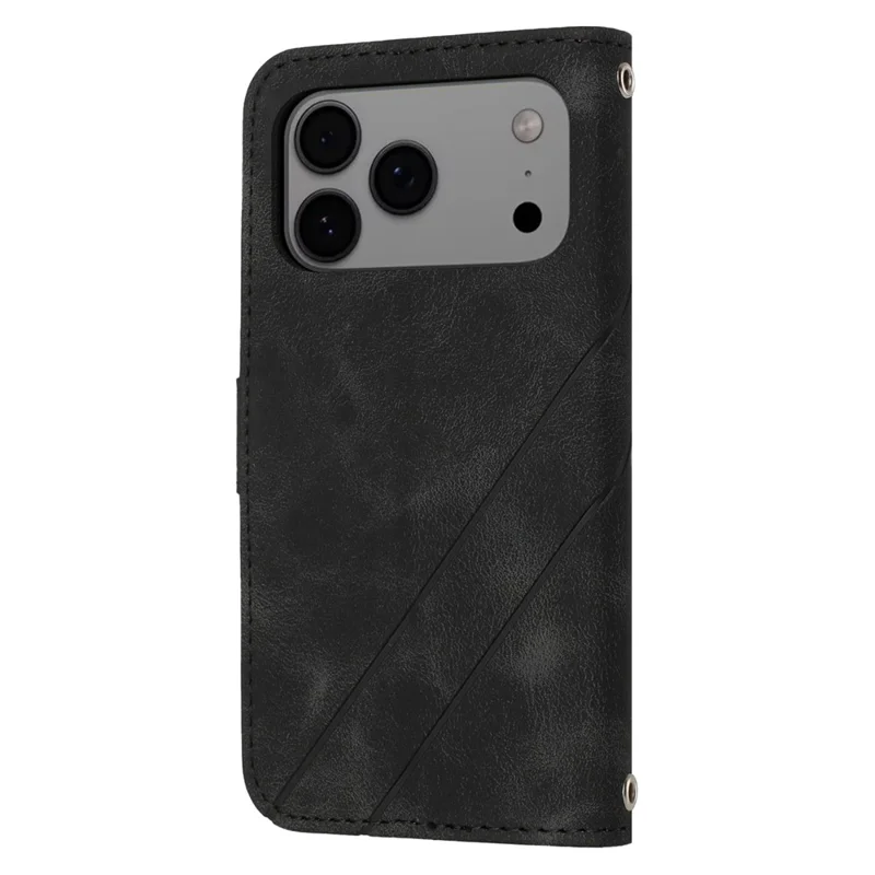 For iPhone 17 Pro Max Case Imprinted Line Leather Phone Cover with Handy Strap - Black