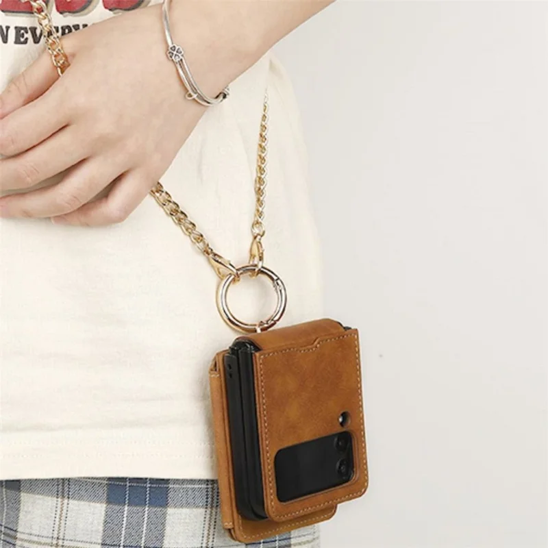 For Samsung Galaxy Z Flip7 5G Case Card Holder Ring Holder Kickstand PU + PC Phone Cover with Chain - Light Brown