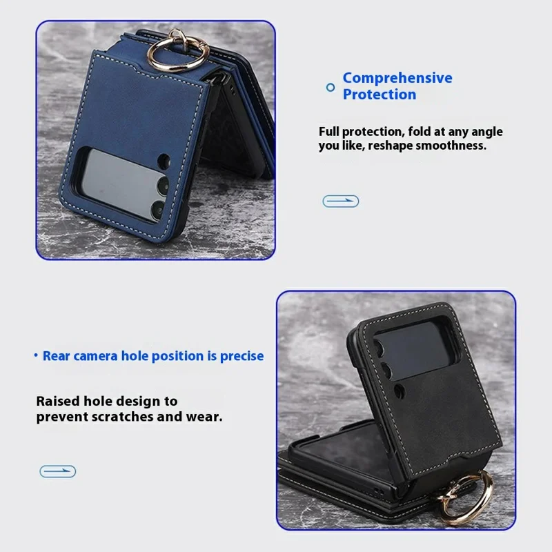 For Samsung Galaxy Z Flip7 5G Case Card Holder Ring Holder Kickstand PU + PC Phone Cover with Chain - Light Brown