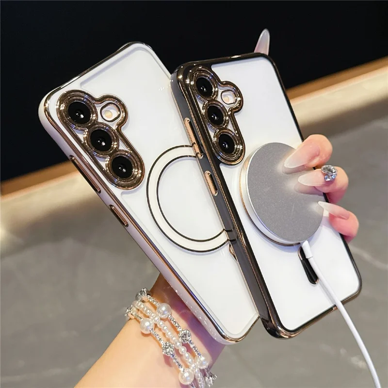 For Samsung Galaxy S25+  /  S24+ Magnetic Case Electroplated 2.0mm Acrylic TPU Phone Back Cover - Red
