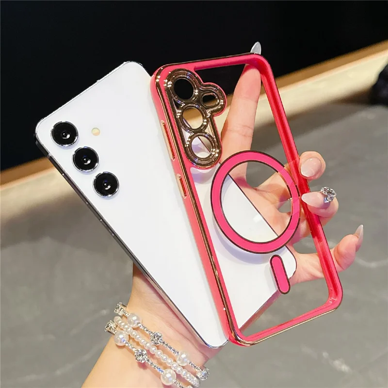 For Samsung Galaxy S25+  /  S24+ Magnetic Case Electroplated 2.0mm Acrylic TPU Phone Back Cover - Red