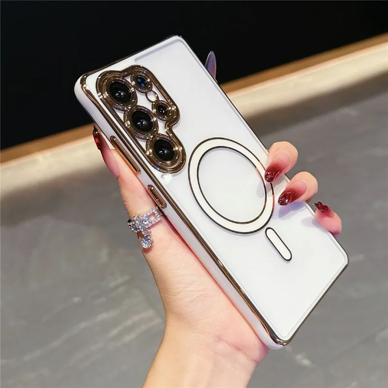 For Samsung Galaxy S25 Ultra Magnetic Case Electroplated 2.0mm Acrylic TPU Phone Back Cover - White