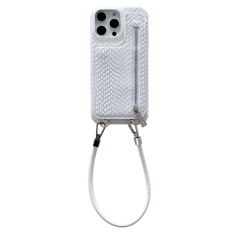 For iPhone 16 Pro Max Case Zipper Card Holder Mirror Snake Texture PU + PC Back Cover with Lanyard - White