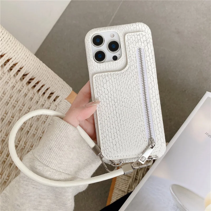 For iPhone 16 Pro Case Zipper Card Holder Mirror Snake Texture PU + PC Back Cover with Lanyard - White