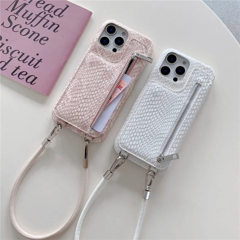 For iPhone 15 Pro Max Case Zipper Card Holder Mirror Snake Texture PU + PC Back Cover with Lanyard - White