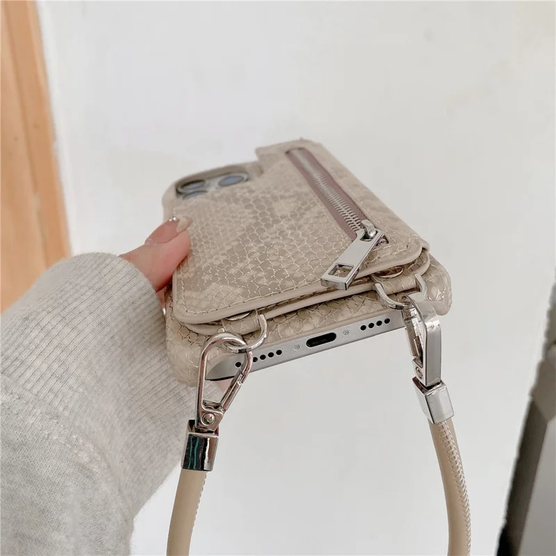 For iPhone 15 Pro Max Case Zipper Card Holder Mirror Snake Texture PU + PC Back Cover with Lanyard - White
