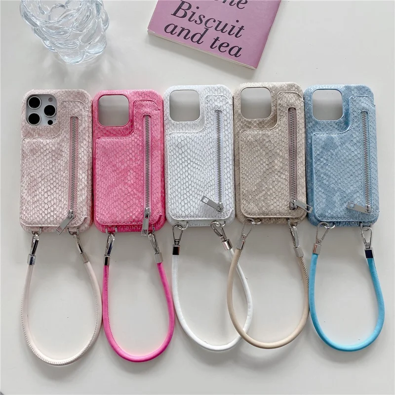 For iPhone 15 Pro Max Case Zipper Card Holder Mirror Snake Texture PU + PC Back Cover with Lanyard - White