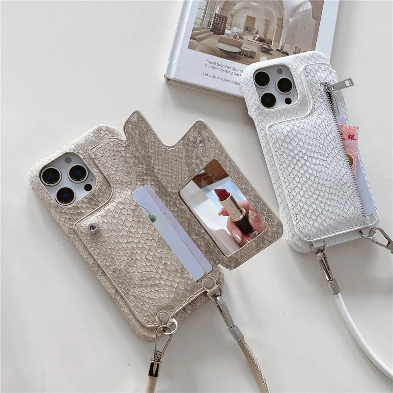 For iPhone 15 Pro Case Zipper Card Holder Mirror Snake Texture PU + PC Back Cover with Lanyard - White