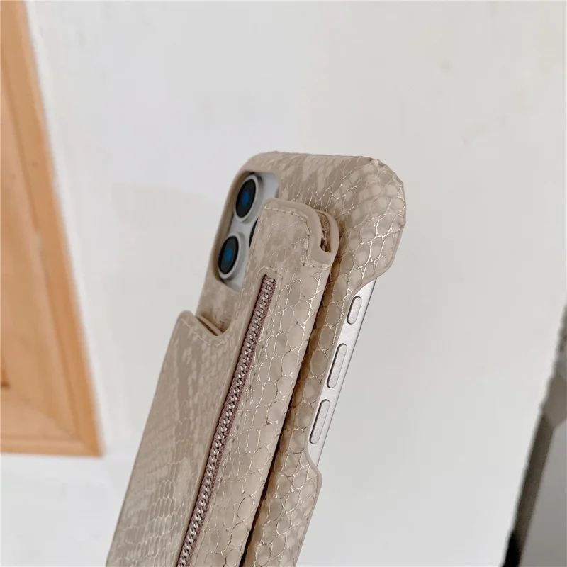 For iPhone 15 Pro Case Zipper Card Holder Mirror Snake Texture PU + PC Back Cover with Lanyard - White