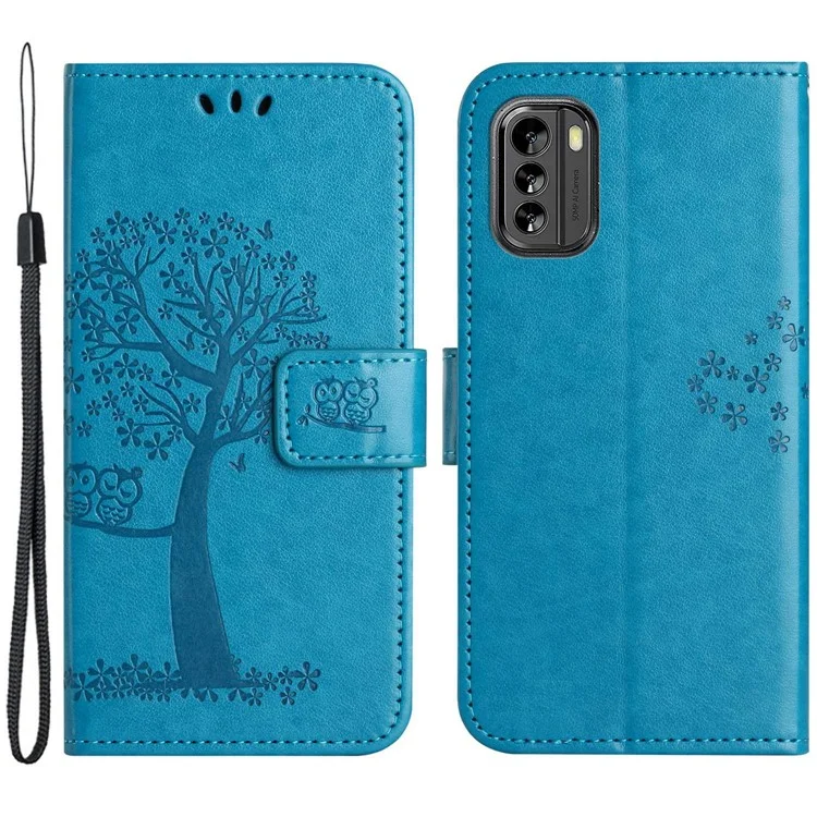 Magnetic Clasp Phone Cover for Nokia G60 5G, PU Leather Imprinted Owl Tree Pattern Shockproof Case with Wallet Stand - Blue