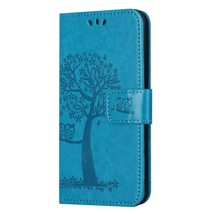 Magnetic Clasp Phone Cover for Nokia G60 5G, PU Leather Imprinted Owl Tree Pattern Shockproof Case with Wallet Stand - Blue