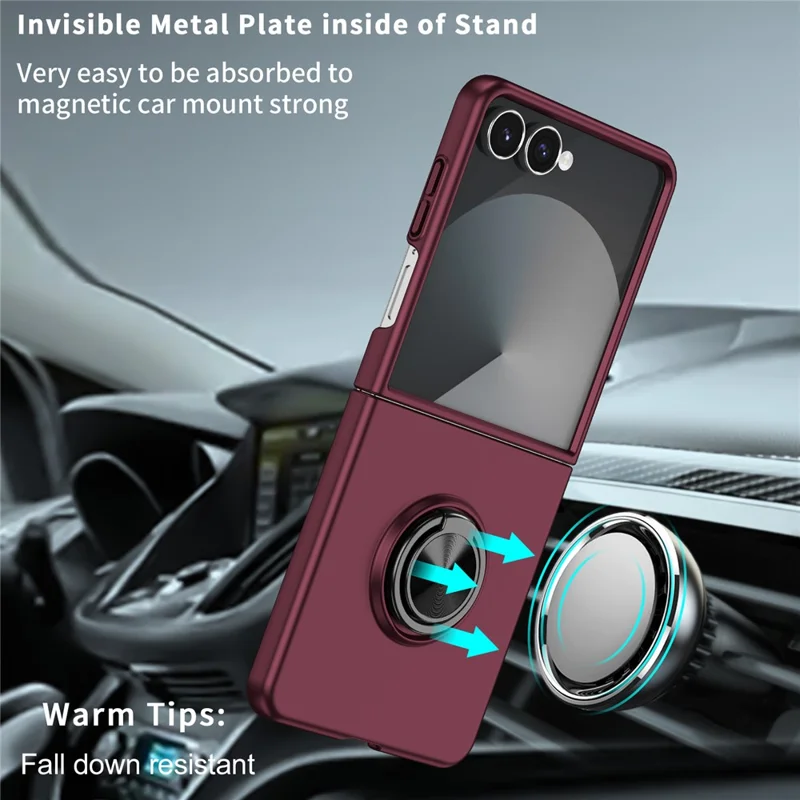 Funda de teléfono móvil para Samsung Galaxy Z Flip7 5G con anillo giratorio y soporte, cubierta de PC dura - Rojo vino