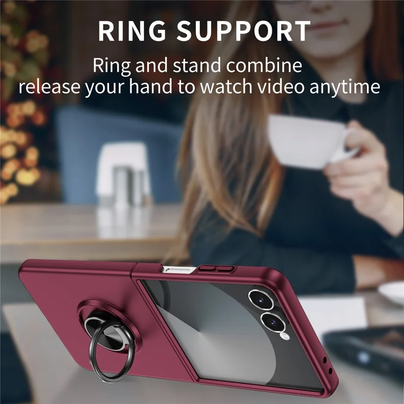 Funda de teléfono móvil para Samsung Galaxy Z Flip7 5G con anillo giratorio y soporte, cubierta de PC dura - Rojo vino