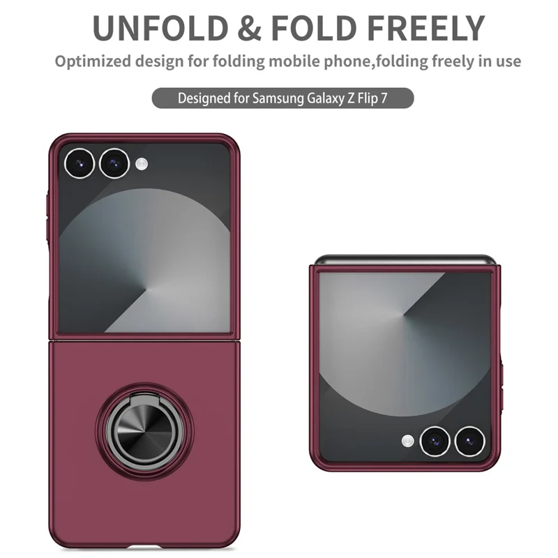 Funda de teléfono móvil para Samsung Galaxy Z Flip7 5G con anillo giratorio y soporte, cubierta de PC dura - Rojo vino