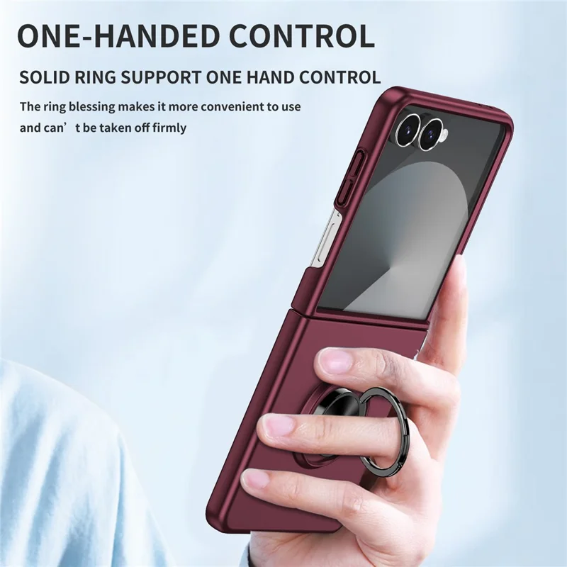 Funda de teléfono móvil para Samsung Galaxy Z Flip7 5G con anillo giratorio y soporte, cubierta de PC dura - Rojo vino