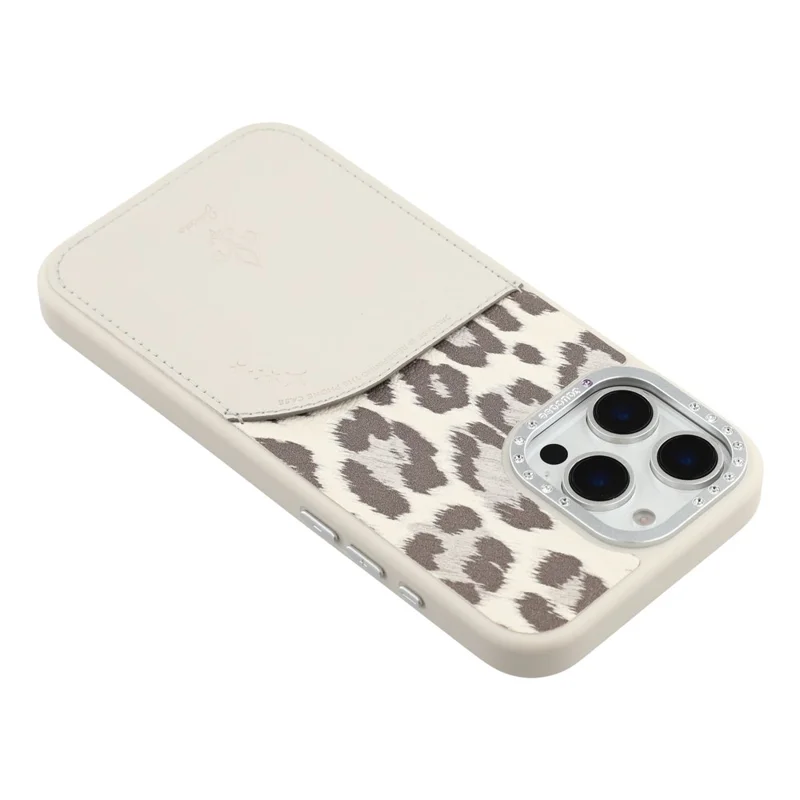 JAUCASE For iPhone 16 Pro Max Magnetic Case Leopard Print Card Holder PU TPU PC Phone Back Cover - White
