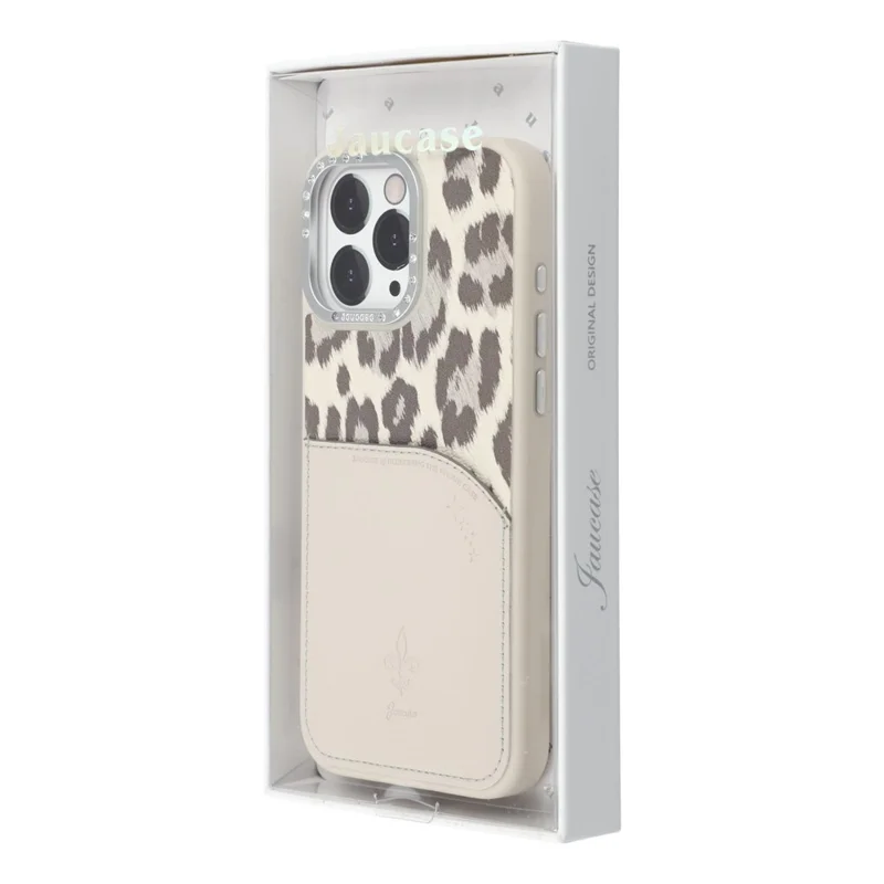 JAUCASE For iPhone 16 Pro Max Magnetic Case Leopard Print Card Holder PU TPU PC Phone Back Cover - White